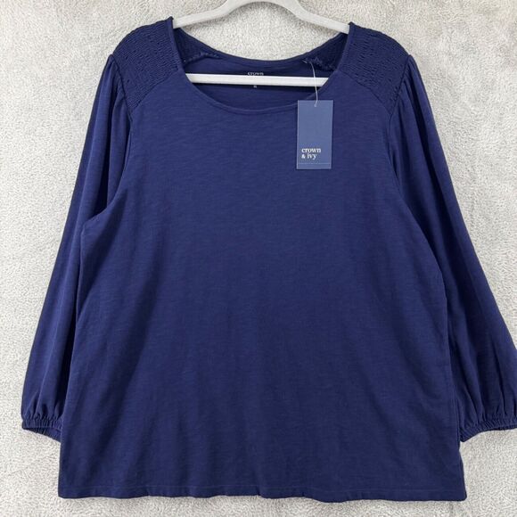 Crown & Ivy Top Womens XL Blue Navy Crew Neck Long Sleeves Smoked Elastic Cuff - Picture 3 of 13